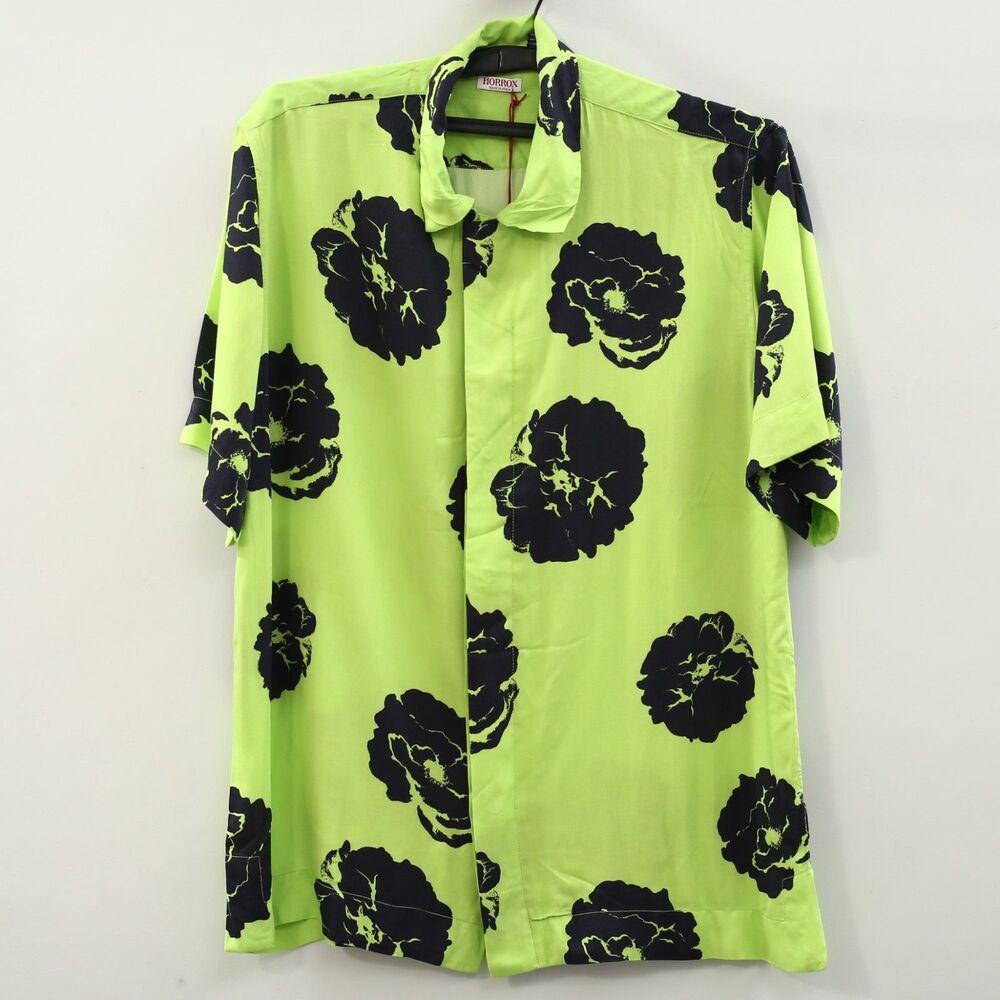 Horrox Flower Men's Shirt Printed Short Sleeve Buttondown Silk Lime M NWT 284635